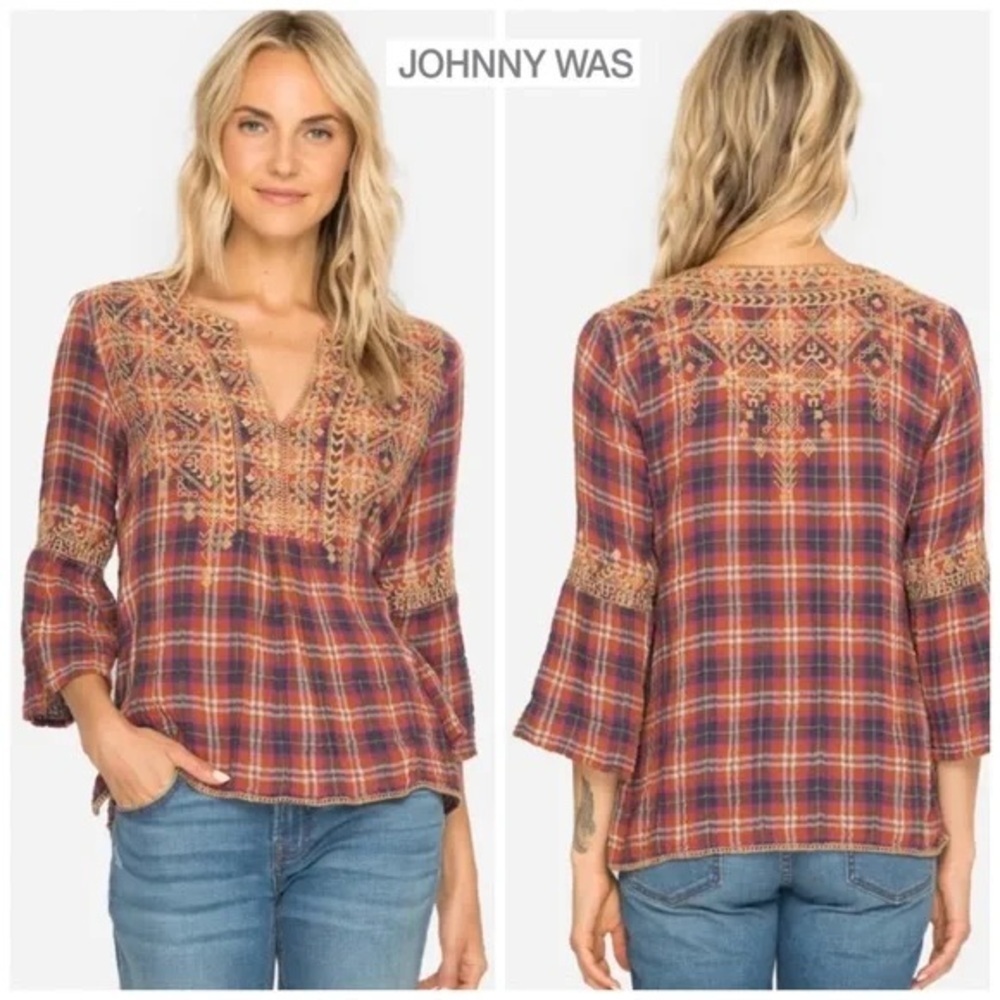 Johnny Was Red Plaid Embroidered Peasant Blouse - Picture 13 of 13